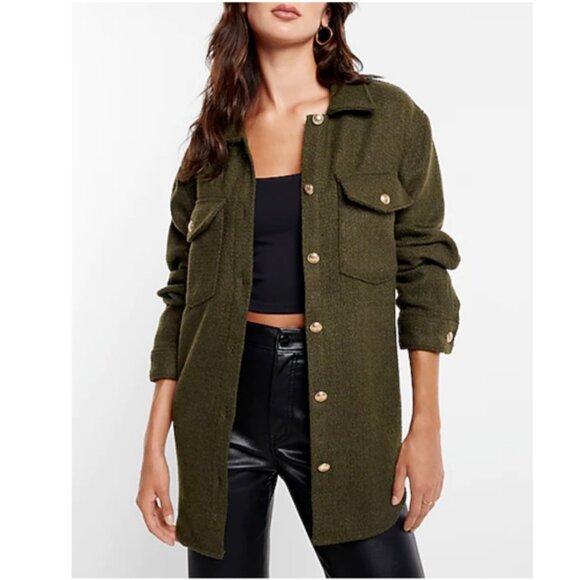 Express Jackets & Blazers - Express Tweed Novelty Button Oversized Shacket in Green Large